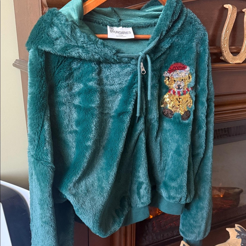 NOBO Teal Fuzzy Hoodie with Bear Patch